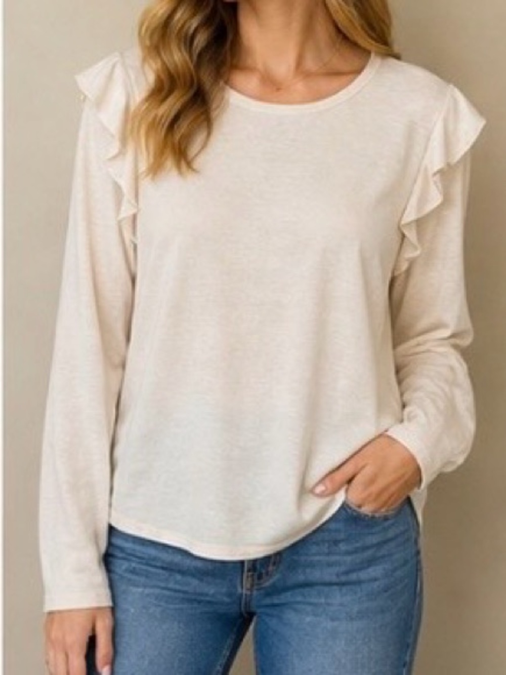 LOFT Cream Ruffle Shoulder Long Sleeve Top, Size XS